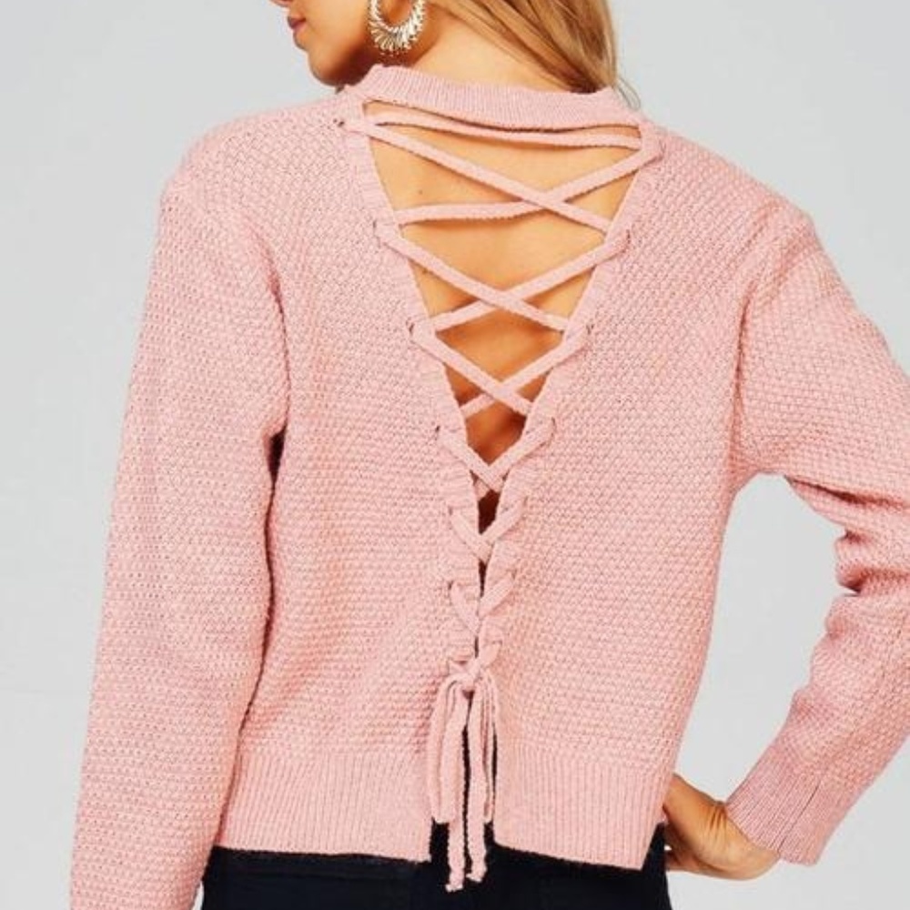 Knit Sweater with Lace Up Back (Dusty Pink)